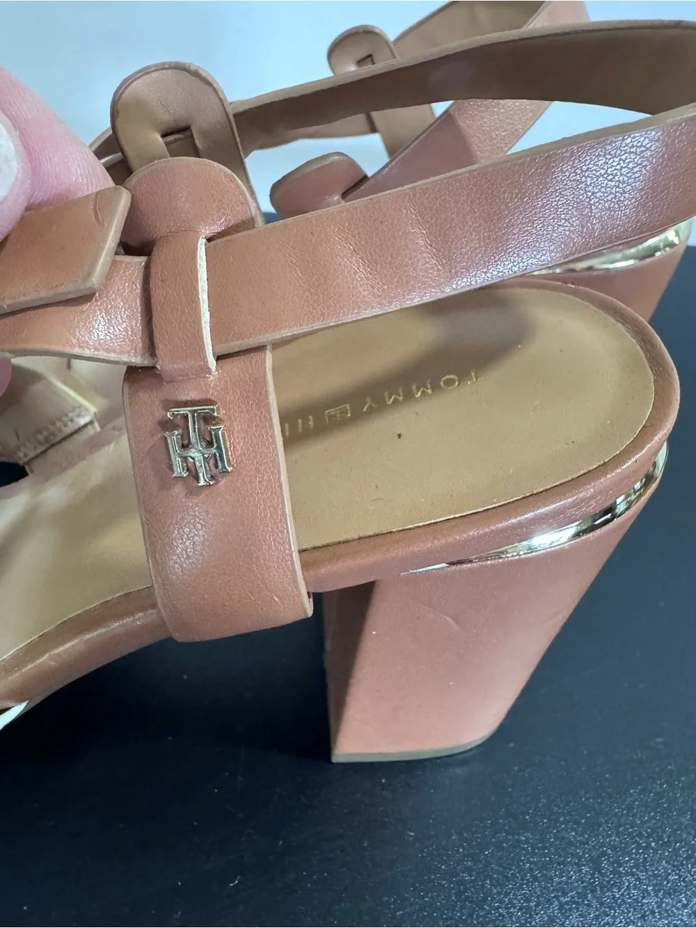 Tommy Hilfiger Graysi Tan and White Strappy Block Heel Sandals